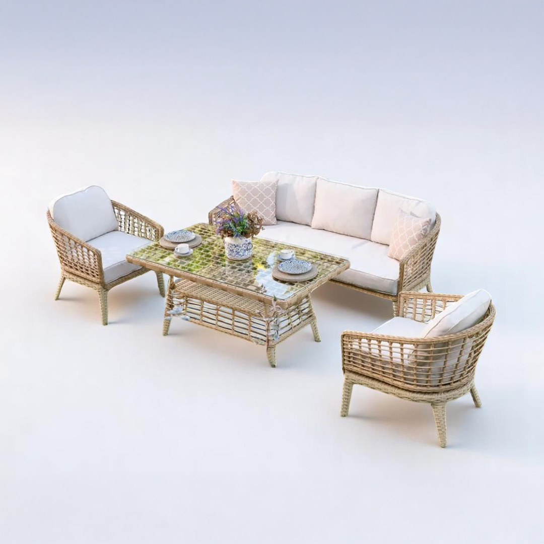 Ecolux RODOS 3+1+1 Cam Sehpalı Rattan Bahçe Balkon Oturma Grubu