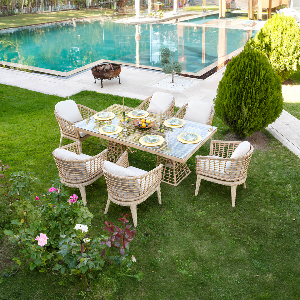 Ecolux RODOS Cam Sehpalı Rattan Bahçe Balkon 6 Kişilik Yemek Takımı