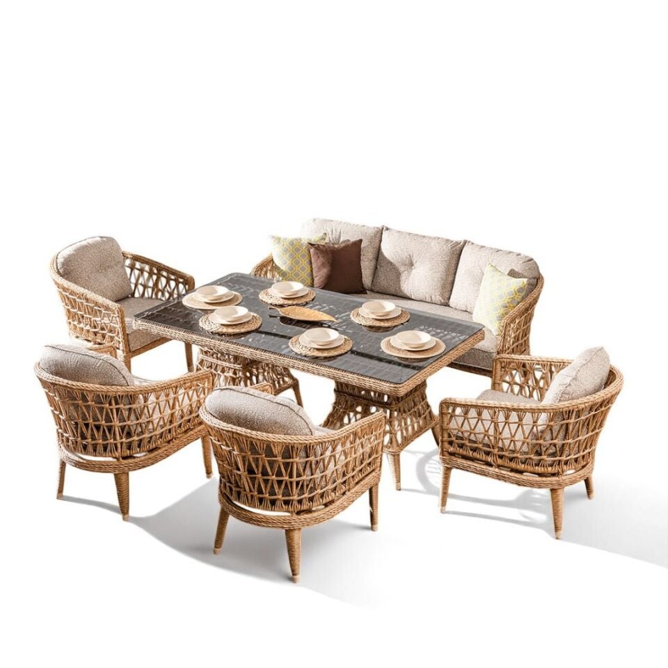 Ecolux OSLO ROLEX 3-1-1-1 Cam Sehpalı Bahçe Balkon Rattan Oturma Grubu