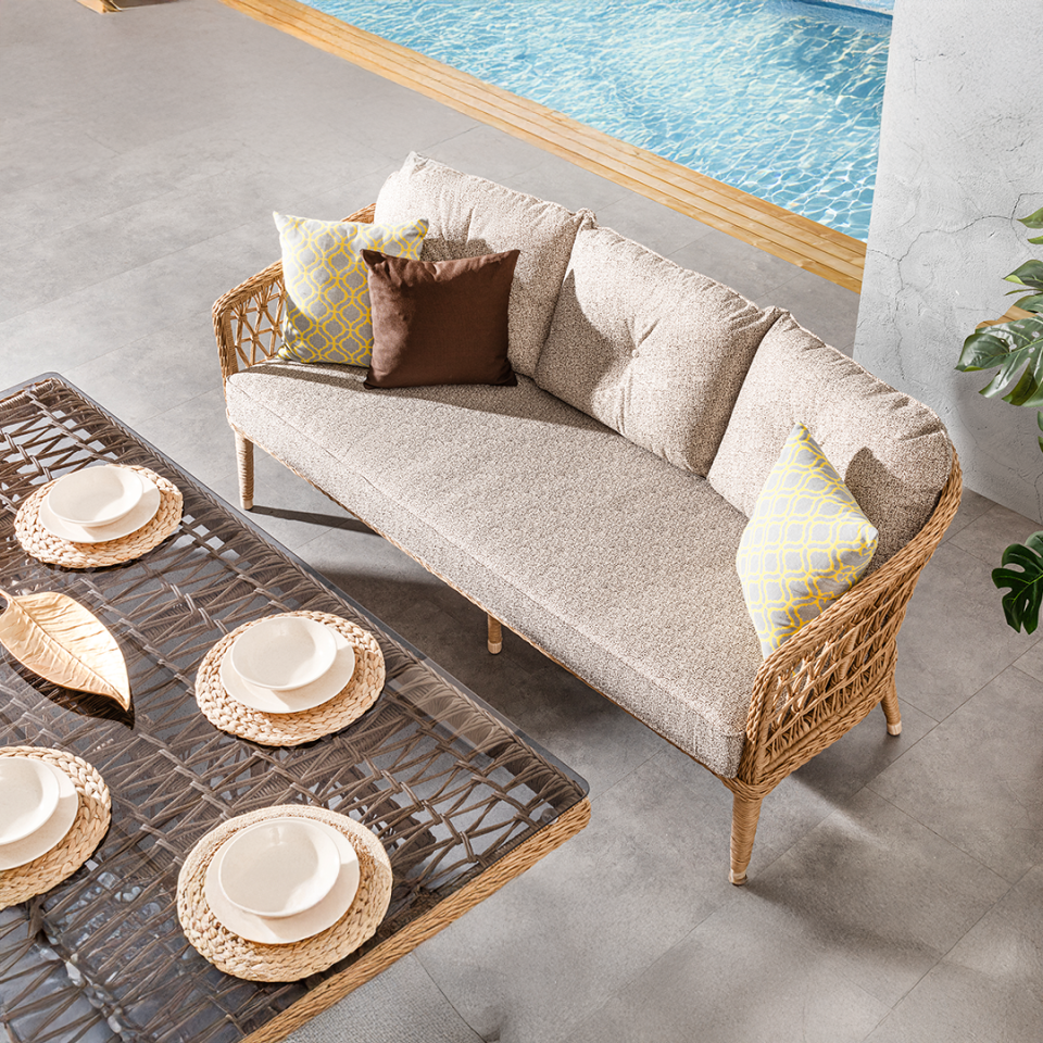 Ecolux OSLO ROLEX 3-1-1-1 Cam Sehpalı Bahçe Balkon Rattan Oturma Grubu