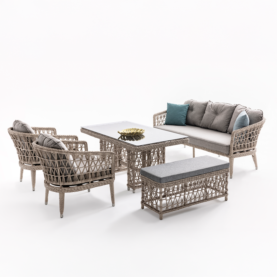 Ecolux OSLO 3-1-1 Cam Sehpalı Rattan Bahçe Balkon Oturma Grubu