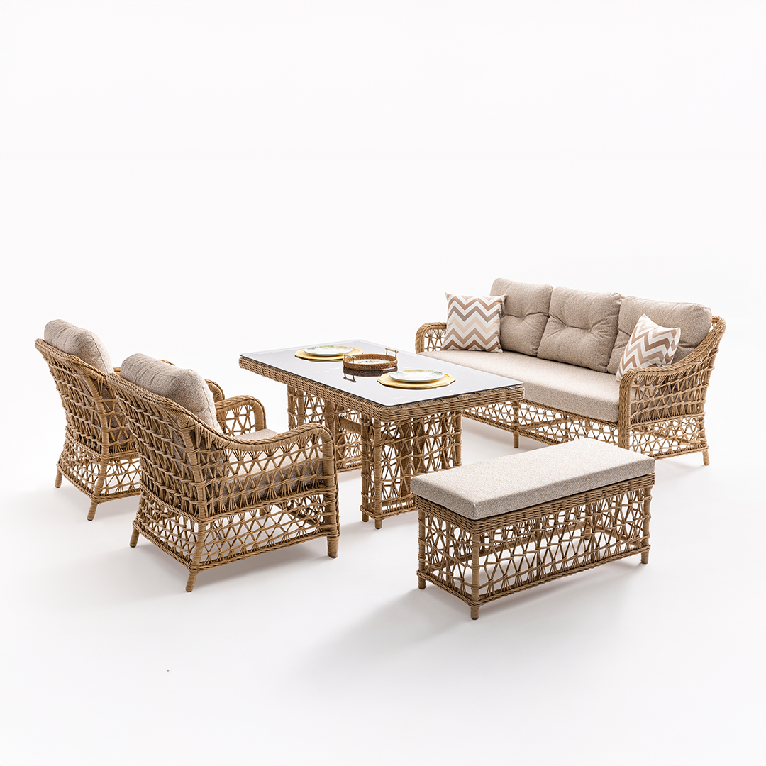 Ecolux DORA 3-1-1 Cam Sehpalı Bahçe Balkon Rattan Oturma Grubu