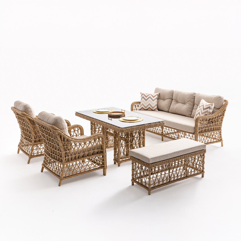 Ecolux DORA 3-1-1 Cam Sehpalı Bahçe Balkon Rattan Oturma Grubu