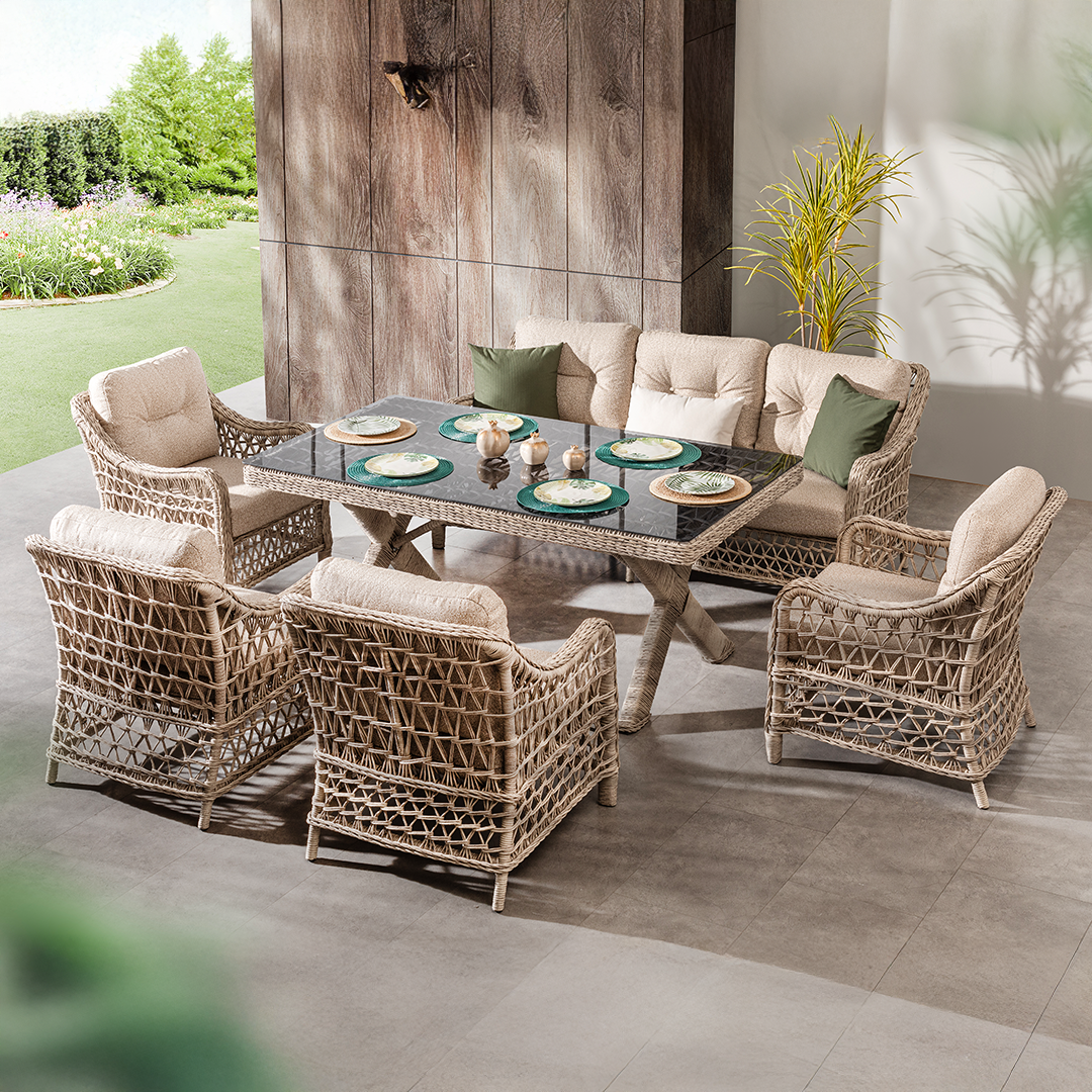 Ecolux DORA ROLEX 3-1-1-1-1 (Cam Sehpalı) Bahçe Balkon Rattan Oturma Grubu