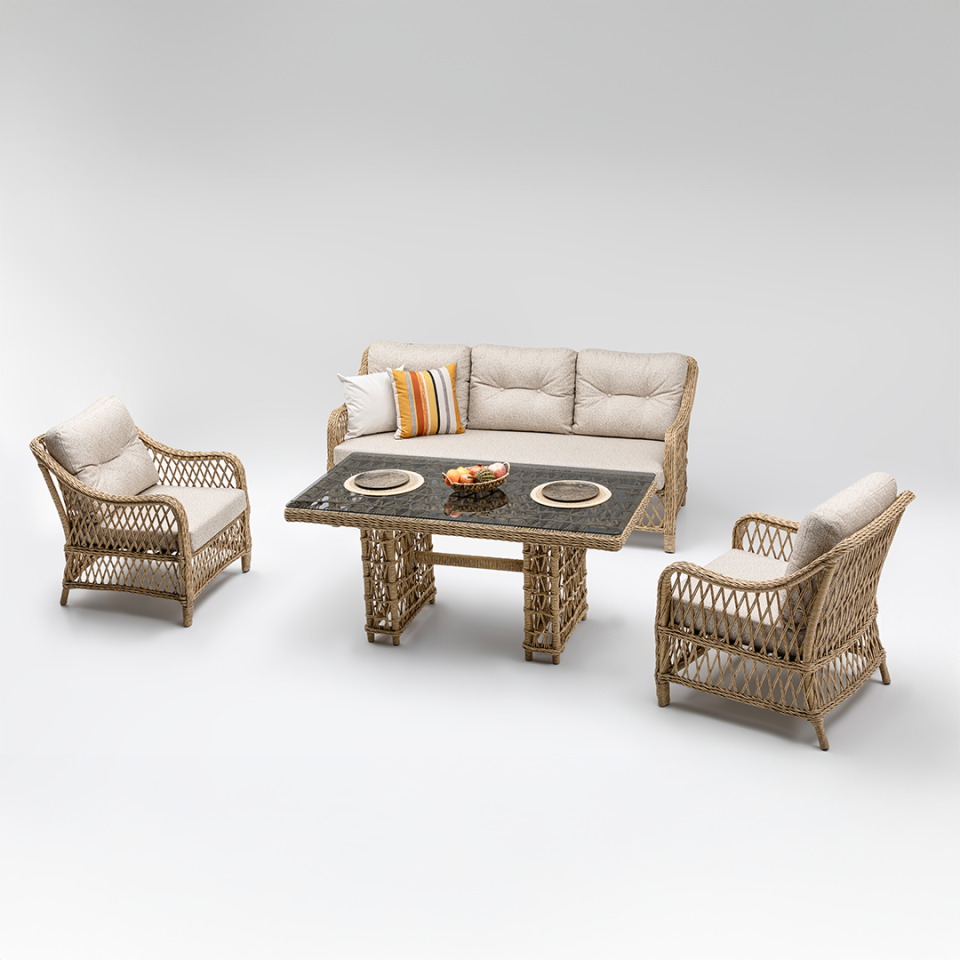 Ecolux MADEO 3-1-1 Cam Sehpalı Rattan Bahçe Balkon Oturma Grubu