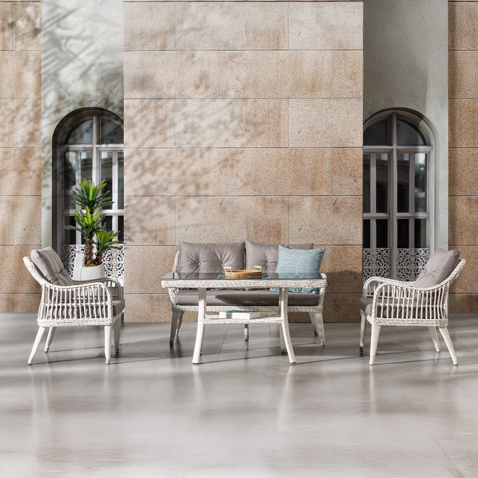 Ecolux FIJI 2-1-1 Cam Sehpalı Rattan Bahçe Balkon Oturma Grubu